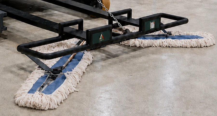Dustmop Forklift โครงดำติดงารถพร้อมผ้าม๊อบสีขาวขอบฟ้า